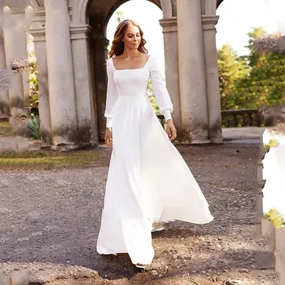 Простое белое свадебное платье, платье невесты с квадратным вырезом и  длинным рукавом, классическое платье на пуговицах, свадебное платье -  купить по выгодной цене | AliExpress