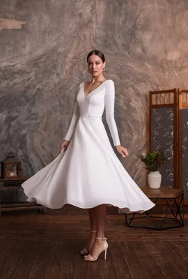Короткое белое платье с длинным рукавом Infanta Мелинда | Купить свадебное  платье в салоне Валенсия (Москва)