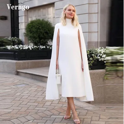 Простое Белое прямое женское официальное вечернее платье Verngo с высоким  воротником и длинным рукавом-накидкой платье длиной ниже колена женский  элегантный наряд - купить по выгодной цене | AliExpress