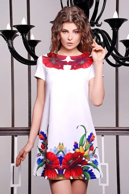 Белое короткое платье-трапеция с красочными маками. Маки платье Тая-2 к/р.  Цвет: принт | Платья, Модные стили, Свободные платья