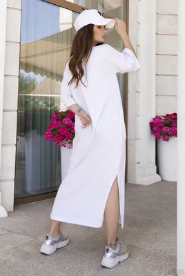 Белое трикотажное прямое платье с разрезами купить, цены на Женская одежда  и юбки в интернет магазине женской одежды M-FASHION
