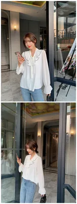 Wholesale Однотонные белые шифоновые блузки с бантом 2022, свободные топы,  корейские расклешенные рубашки с длинным рукавом From m.alibaba.com