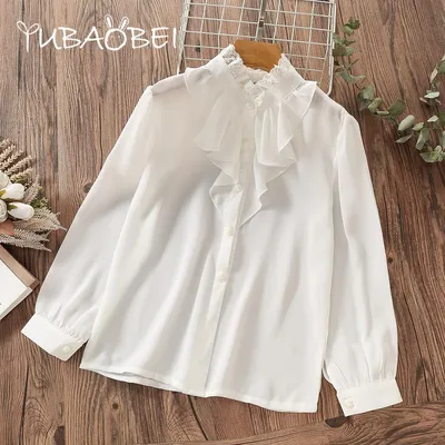 Купить Девочки Белая блузка с длинным рукавом Одежда для подростка Шифон  рубашка для девочки Белые блузки Детская одежда Весна Детская одежда | Joom