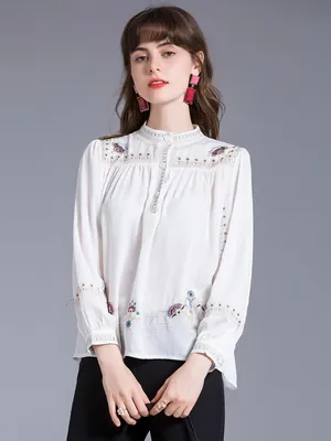 Блузка для женщин Белые шифоновые повседневные рубашки с длинными рукавами  и вырезом из богемного цвета с цветочным принтом - Milanoo.com/ru