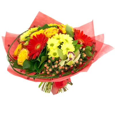 Всё будет хорошо\" - букет с желтыми хризантемами, желтыми розами, желтой  орхидеей и красными герберами по цене 2850 ₽ - купить в RoseMarkt с  доставкой по Санкт-Петербургу