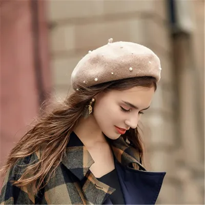 Модный берет с жемчугом для женщин и девочек, зимняя теплая шерстяная шапка  во французском стиле, винтажный однотонный берет, элегантные женские зимние  шапки - купить по выгодной цене | AliExpress