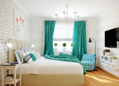 Бирюзовые шторы в интерьере комнат: 65 лучших фото и идей