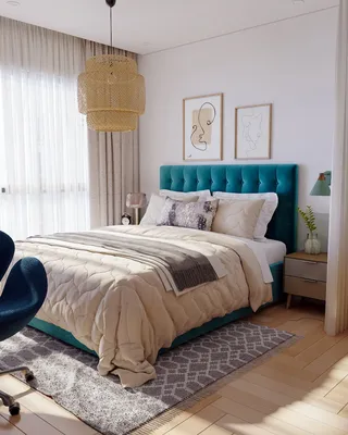 Бирюзовая кровать Finlay в интерьере светлой спальни | SKDESIGN