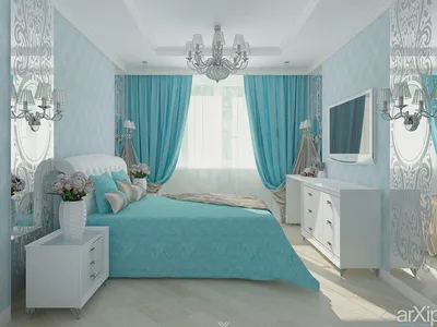Бирюзовая спальня с белой мебелью - 69 фото