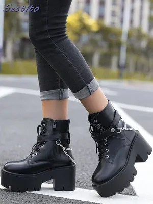 Женские ботинки на платформе, черные однотонные ботинки из матовой кожи с  цепочками и заклепками, на шнуровке спереди, на массивном каблуке, с  внутренней молнией - купить по выгодной цене | AliExpress