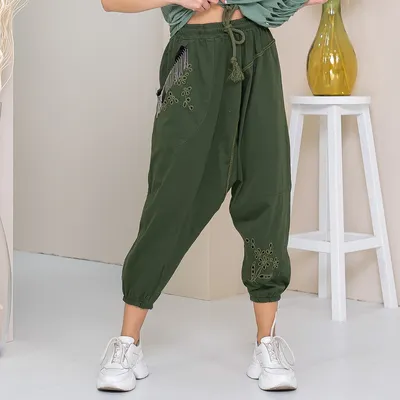 Купить Стильные турецкие удобные зеленые женские штаны афгани с  карманами.Пояс и манжеты-резинка., цена 450 ₴ — Prom.ua (ID#1494383182)