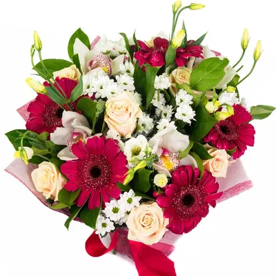 Лин: букет в корейском стиле с красными розами и герберами по цене 5465 ₽ -  купить в RoseMarkt с доставкой по Санкт-Петербургу