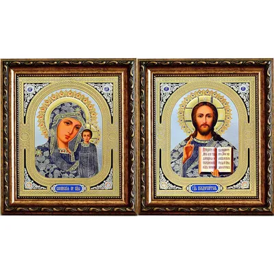 Купить Венчальные иконы Казанской Богородицы и Иисуса Христа на серебристом  фоне.