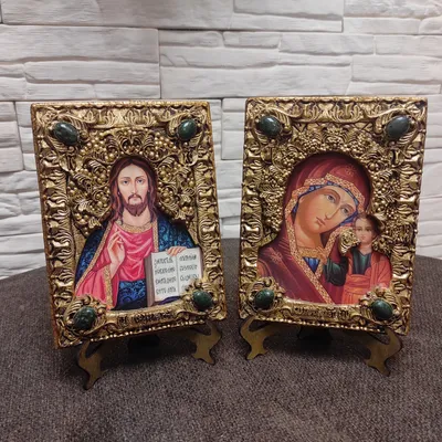 Купить венчальные иконы под старину Казанская богородица и Господь  Вседержитель с камнями в футляре мастерской Рассвет