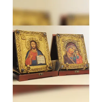 Купить венчальные иконы на свадьбу под старину, Казанская богородица и  Господь Вседержитель с камнями в футляре мастерской Рассвет