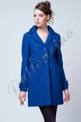 Женское синее пальто с рюшами весеннее, купить брендовое шерстяное пальто