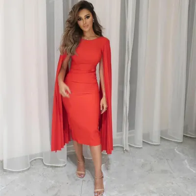 Классические короткие красные мусульманские Вечерние платья с накидкой,  длиной ниже колена и молнией сзади, накидка, женское вечернее платье -  купить по выгодной цене | AliExpress