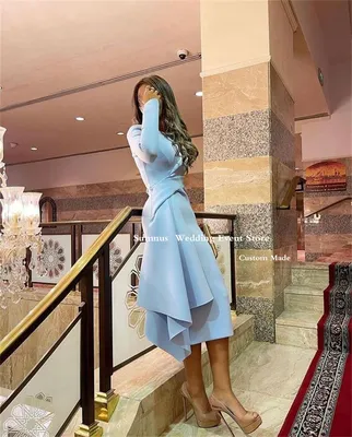 Элегантное Вечернее Платье Sumnus небесно-голубого цвета длиной ниже колена  с круглым вырезом и длинными рукавами, плиссированное платье с юбкой-годе, вечернее  платье Дубая 2023 - купить по выгодной цене | AliExpress