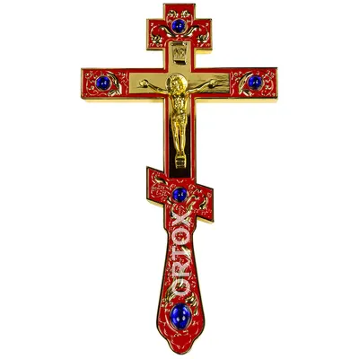 Купить крест напрестольный латунный, красная эмаль, синие камни, 14,5х26 см