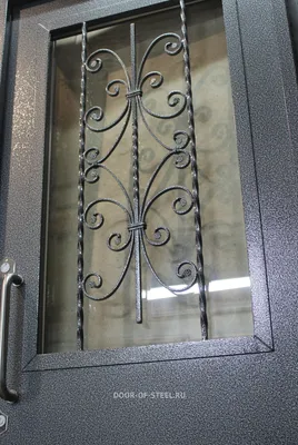 Металлическая входная дверь со стеклом и кованой решеткой, порошок Серебро  ДС-492 – купить по цене 25646 р. от завода металлических изделий  \"МеталлСервис\"