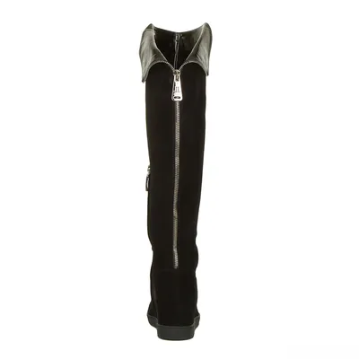 Черные зимние замшевые сапоги женские на скрытой танкетке с кожаным  отворотом с декоративной молнией от Loriblu F6384. Модная женская обувь 2014 .