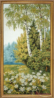 Гобелен картина Летний пейзаж с березами -66х39 см (багет 2) - Gobelenka.ru