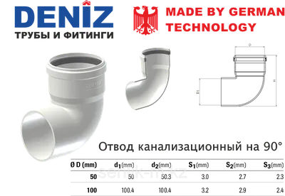 Отвод канализационный на 90°-DENIZ: продажа, цена в Алматы. Отводы, обходы  от \"TOO \" SERILIK-M CONSTRUCTION\"\" - 43978090