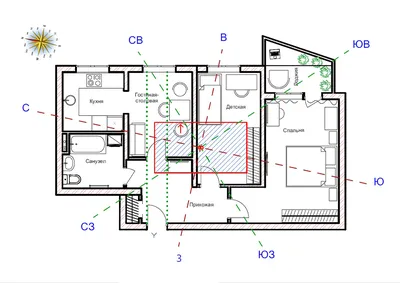 VASTU-КОРРЕКЦИЯ (схема коррекции 3х-комнатной квартиры с перестановкой,  57м2) | Vaastu Studio