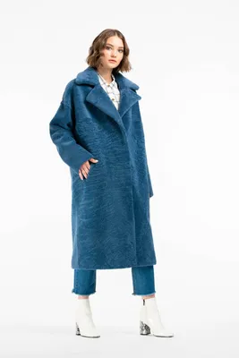 Пальто из овчины керли в стиле \"teddy bear coat\" арт. К-25 цвет синий.