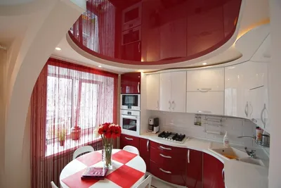 Красный потолок на кухне - 60 фото
