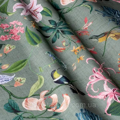 Декоративные ткани в стиле прованс с крупными цветными растениями и птицами  на зеленом фоне, цена 1689 грн — Prom.ua (ID#845690988)