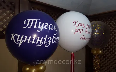 Гелиевые шары: метровые шары с надписью и бахромой.