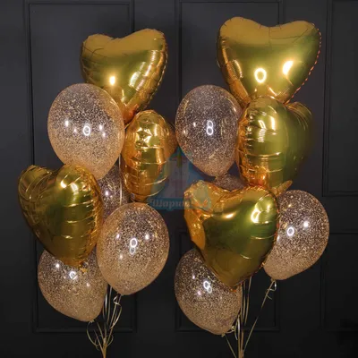 Композиция из гелиевых шаров золотых сердец и прозрачных шаров с золотыми  блёстками купить в Москве - заказать с доставкой - артикул: №1387