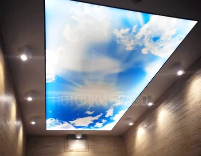 Темный натяжной потолок с рисунком неба и светильниками НП-1087 - цена от  2090 руб./м2