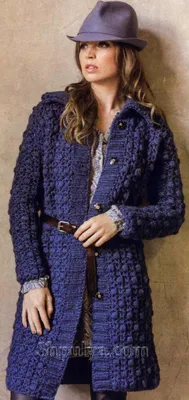 Синее вязаное пальто крючком — Shpulya.com - схемы с описанием для вязания  спицами и крючком