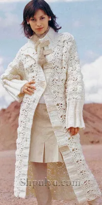 Ажурное белое пальто с широкими планками, вязаное крючком — Shpulya.com -  схемы с описанием для вязания спицами и крючком