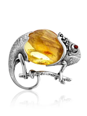 Оригинальная объёмная брошь из серебра и натурального янтаря «Хамелеон» в  интернет-магазине янтаря