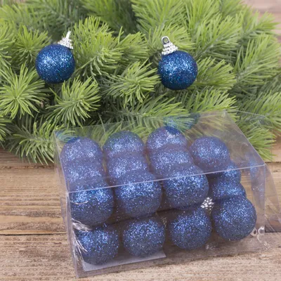 Новогодние маленькие елочные шары синего цвета. Елочные шары в блестках  купить в Украине.