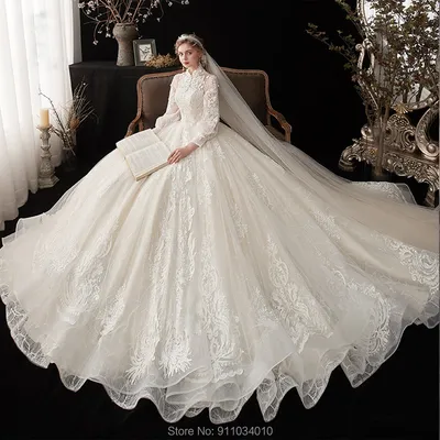 Потрясающее блестящее свадебное платье с высоким воротником, закрытыми  пуговицами и длинными рукавами, свадебные платья 2020, наряд для невесты,  реальная работа, Аманда невесты - купить по выгодной цене | AliExpress