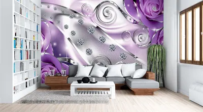 фотообои флизелиновые обои 3d розы и стразы в фиолетовом флизелиновые  готовые на стену на кухню, в прихожую, спальню, гостиную, зал 3д  расширяющие пространство 4 x 2,7 м