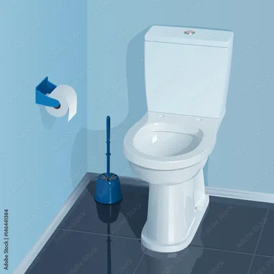 голубая туалетная комната с белым керамическим унитазом. В углу стоит  стакан со щеткой для прочистки унитаза, на стене висит рулон туалетной  бумаги в держателе. Stock-Vektorgrafik | Adobe Stock