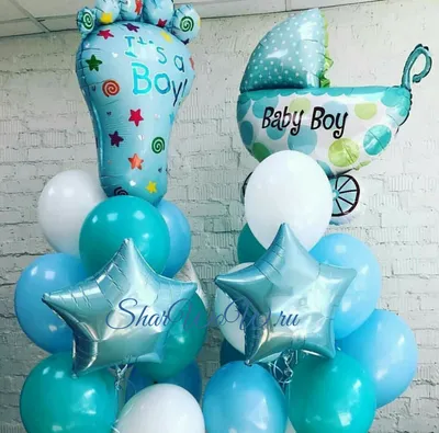 Комплект шаров на выписку мальчика с пяточкой и коляской - Воздушные шары с  гелием | ШарВау - Доставка и оформление воздушными шарами в Москве и МО