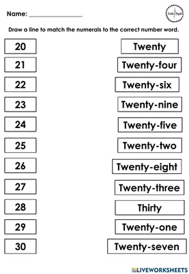 Сопоставление имен чисел и цифр 21-30 рабочий лист