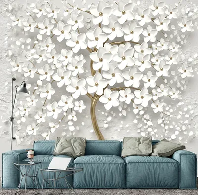 Фотообои Fbrush Древо жизни 300х270 см, 3D обои, флизелиновые, дерево,  белые цветы, золотой ствол, на стену, в спальню, гостиную, кухню - купить  по выгодной цене в интернет-магазине OZON