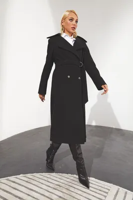 Купить Черное пальто двубортное на запах с поясом: пальто, цвет черный,  материал пальтовая ткань, стиль повседневный, купить в интернет-магазине  VOVK за 3890 грн.