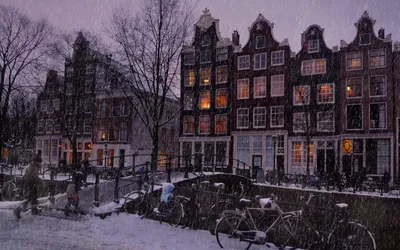 Обои Амстердам, город, дома, снег, мост, зима 2560x1600 HD Изображение