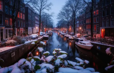 Обои зима, свет, снег, огни, утро, Амстердам, канал картинки на рабочий  стол, раздел город - скачать