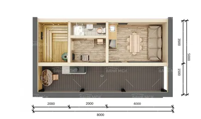 Проект одноэтажной каркасной бани 8х5 с купелью и комнатой отдыха -  строительство компактной одноэтажной бани 8 на 5 с панорамными окнами под  ключ