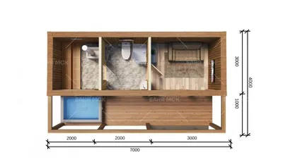 Проект каркасной бани 7х4 с комнатой отдыха и купелью под ключ -  строительство компактной одноэтажной каркасной бани 7 на 4 с панорамными  окнами