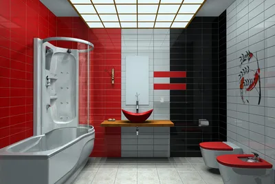 Красно-бело-черная ванная комната и туалет, керамическая плитка, мозаика —  Идеи ремонта